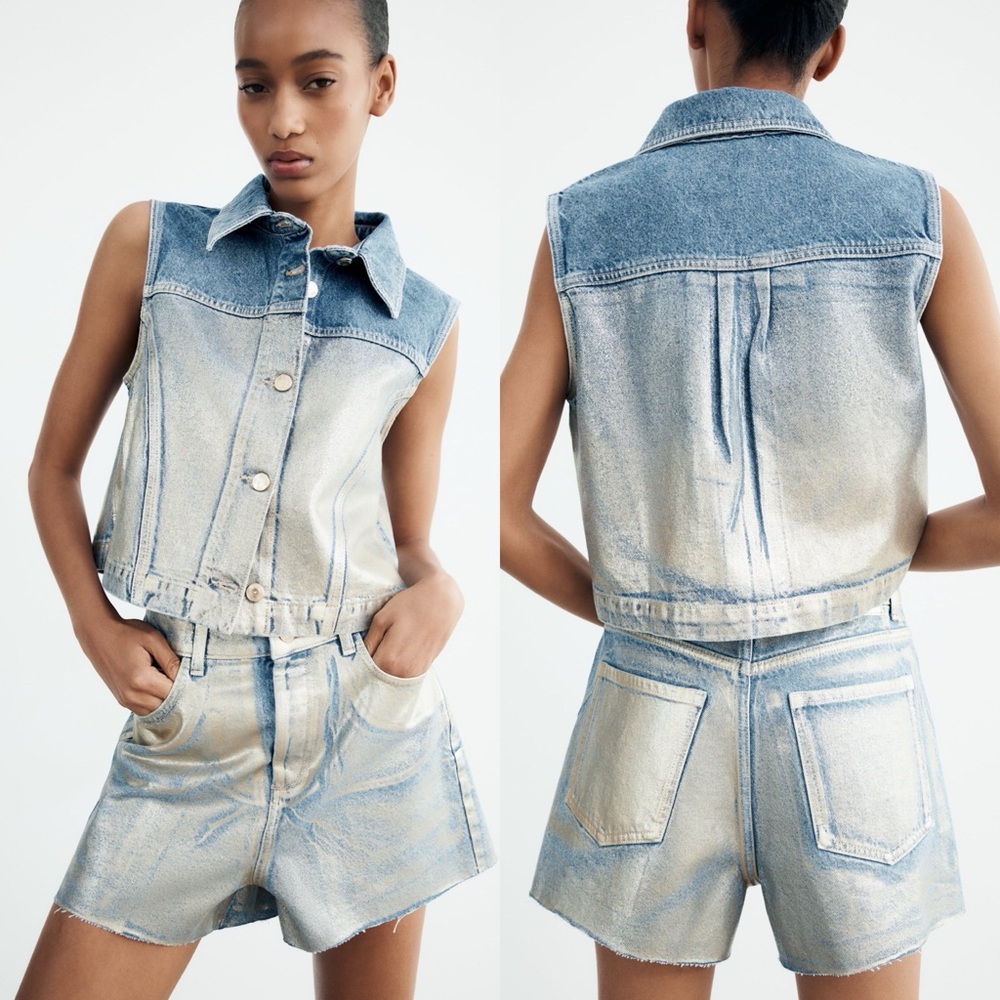 ZARA Z1975 HIGH WAIST FOIL WAXED DENIM Jean SHORTS BLUE/GOLD NEW